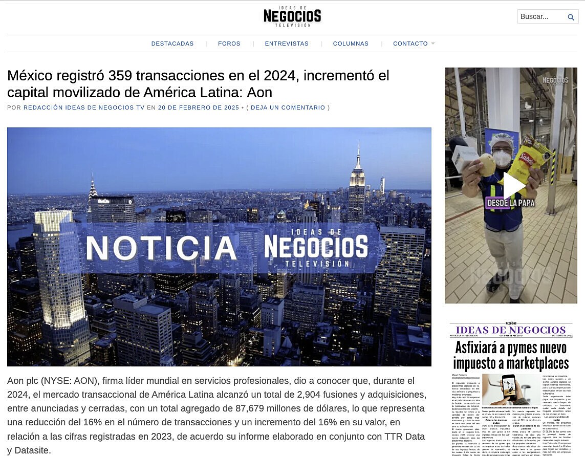 M�xico registr� 359 transacciones en el 2024, increment� el capital movilizado de Am�rica Latina: Aon